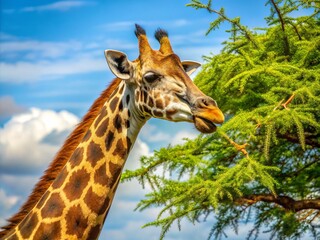 Obraz premium Giraffe's long, blue-black tongue extends from its mouth, covered in tiny, backward-facing spines, as it reaches for leaves on a tall, yellow-brown acacia tree.