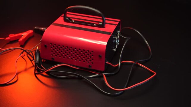 red new car battery charger with ammeter and terminals for 6 volts and 12 volts