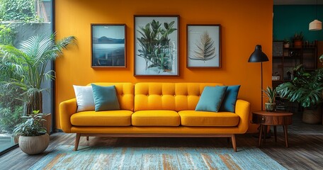Fototapeta premium Contemporary Living Room with Vibrant Orange Wall