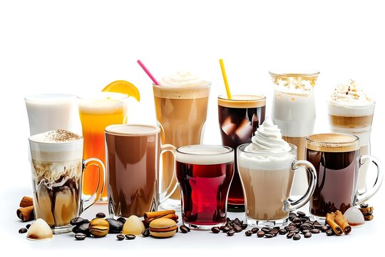 Variety of coffee drinks isolated on white background