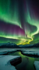 Northern aurora borealis in a dark night mountains and frozen sea landscape view, purple and green polar lights