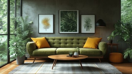 Contemporary Living Room with Greenery and Yellow Couch