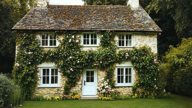 Charming stone cottage with ivy-covered walls in a vibrant garden, evoking rustic country living and nature&rsquo;s peaceful beauty.

