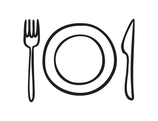 Knife, Fork, and Plate outline. Table Setting doodle hand drawn icons. 