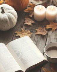 Cozy Autumn Harvest Table with Open Book, Candles, and Tea - Perfect for Book Cover Designs