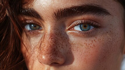 Fototapeta premium Close-up Portrait of Woman with Blue Eyes and Freckles