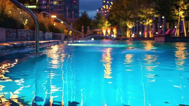 The surface of a rooftop pool reflecting the colorful city lights at twilight, creating a mesmerizing and inviting atmosphere
