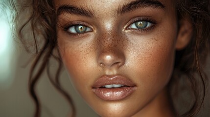 Fototapeta premium Close-up Portrait of a Young Woman with Freckles and Green Eyes