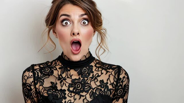 Surprised woman in black lace top, wide-eyed and mouth open, isolated on a neutral background, expressing shock or amazement.

