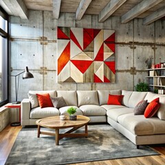 A contemporary living room with an industrial design features a white sectional sofa adorned with a mix of neutral and red accent pillows.