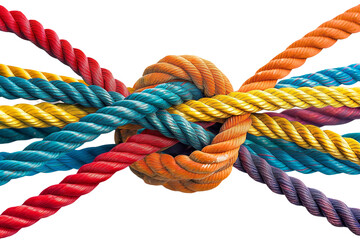 Colorful ropes intertwined in a complex knot representing strength and connection