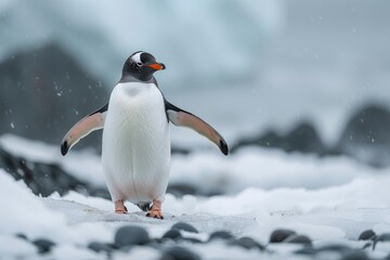 Fototapeta premium Detailed Full-Body Shot of Adélie Penguin Walking on Snow in Antarctica, Back View