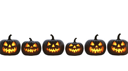 A row of carved pumpkins glowing at night, isolated on white background