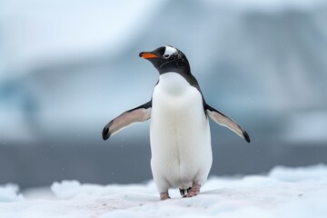 Naklejka premium Detailed Full-Body Shot of Adélie Penguin Walking on Snow in Antarctica, Back View