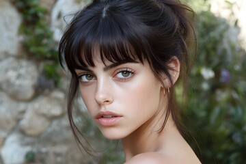 Closeup Portrait of Beautiful Woman with Green Eyes and Long Brunette Hair