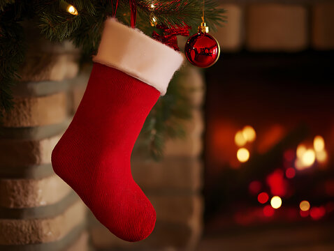 Red Christmas Stocking Hanging on Fireplace Mantle