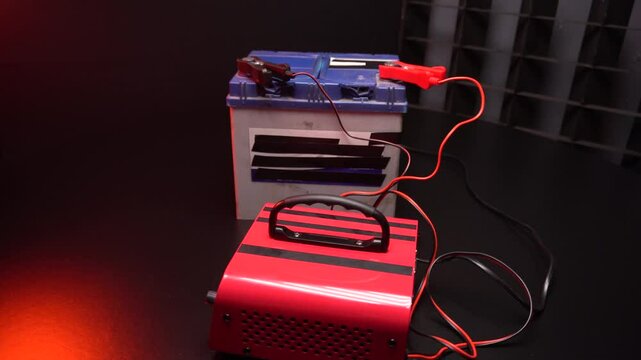 red new car battery charger with ammeter and terminals for 6 volts and 12 volts
