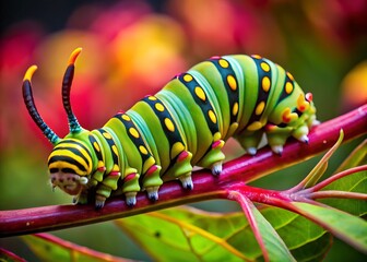 Naklejka premium A caterpillar with two curved horns emerging from its head, its body a vibrant green with yellow stripes, perched on a crimson leaf.