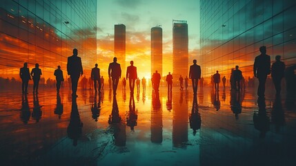 Silhouetted business professionals in a double exposure concept portraying teamwork and partnership success at a city office, perfect for business themes with copy space.