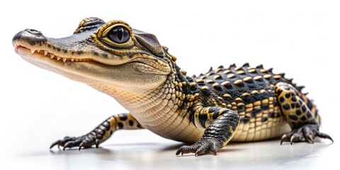 Obraz premium Softly scaly, tiny teeth and glowing eyes peek out from beneath the warm sandy hues of its birthing place amidst a pristine white backdrop.