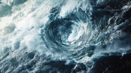 A hurricane's eye wall forming over the ocean, with dense clouds and towering waves crashing in every direction.