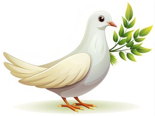 Fototapeta premium A tall, cartoon-style white dove stands proud, its long, curvy neck bent as it clutches a bright green olive branch in its delicate beak.