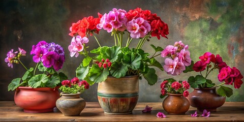 A still life composition of geraniums in various shades of pink, red, and purple, with leaves and stems arranged in a vintage ceramic vase.