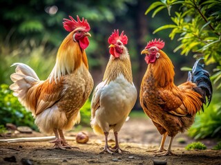Fototapeta premium Three fowl stood facing each other, feathers fluffed and beaks agape, poised for a fierce pecking match that could quickly turn deadly.