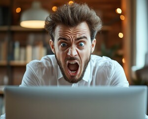 Businessman feeling frustrated at work, struggling with computer problems, upset expression, professional environment, stressed and tense, office setting, technology failure