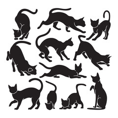 set of vector art silhouettes of cats on a white background