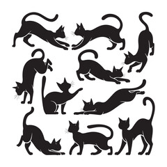set of vector art silhouettes of cats on a white background