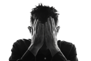 Man with his face partially obscured by hands, showing a moment of overwhelm, isolated on white.