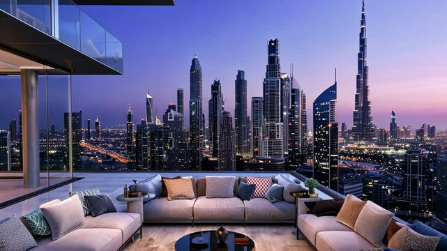 Luxury outdoor terrace with modern furniture overlooking the iconic Dubai skyline at twilight. Premium lifestyle and urban elegance concept.

