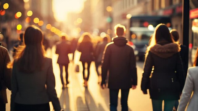 Busy urban night with a crowd of people walking through the city streets