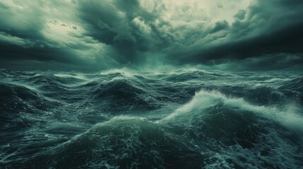 Fototapeta premium A turbulent ocean with a hurricane looming in the distance, the sky filled with dark clouds and fierce winds.