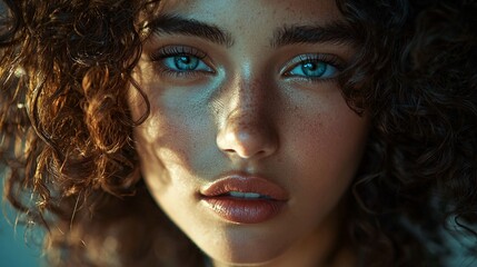 Fototapeta premium Closeup Portrait of Young Woman with Curly Hair and Blue Eyes