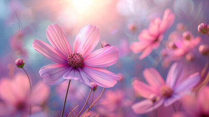 Magical flower field animation,pastel colors,animation,one flower on the foreground left, rainbow landscape on the background