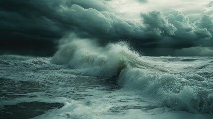 Obraz premium A violent storm over the ocean, with dark hurricane clouds building, waves crashing, and wind-whipped foam flying.