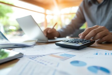 Fototapeta premium Man using a calculator in office