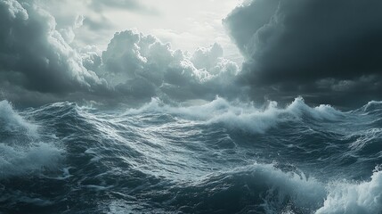 A violent storm over the ocean, with dark hurricane clouds building, waves crashing, and wind-whipped foam flying.