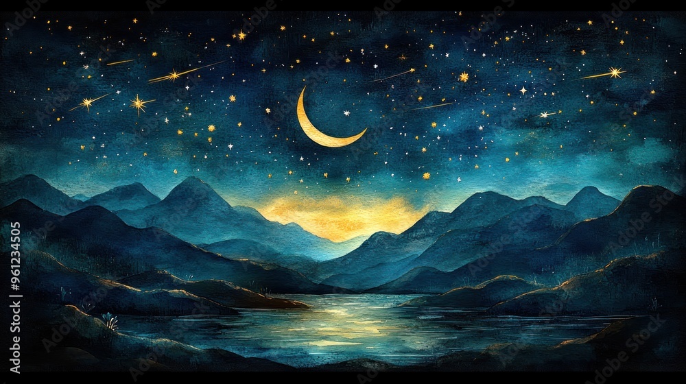 Wall mural night sky over mountains and lake