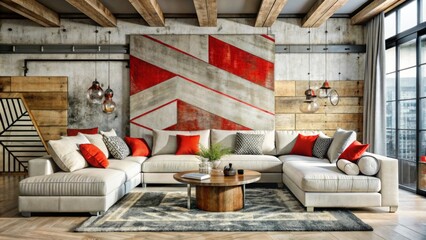 A contemporary living room with an industrial design features a white sectional sofa adorned with a mix of neutral and red accent pillows.