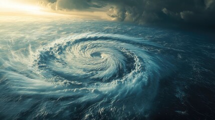 The swirling bands of a hurricane over an endless expanse of sea, with waves reaching towards the sky.