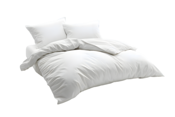 Blank white bed mock up, top view. Empty blanket and pillows mockup in bedstead isolated on transparent background