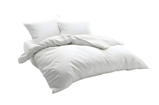 Blank white bed mock up, top view. Empty blanket and pillows mockup in bedstead isolated on transparent background