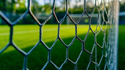 Fototapeta premium A close-up view of a soccer goal net exhibiting intricate hexagonal designs. Perfect lighting enhances the bright green field behind. Ideal for sports-related themes and designs. AI