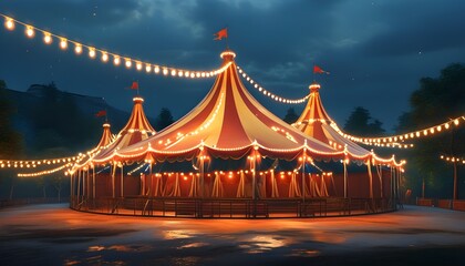 Nostalgic ambiance of an empty circus tent adorned with warm string lights, reflecting memories of vibrant shows and lively performances