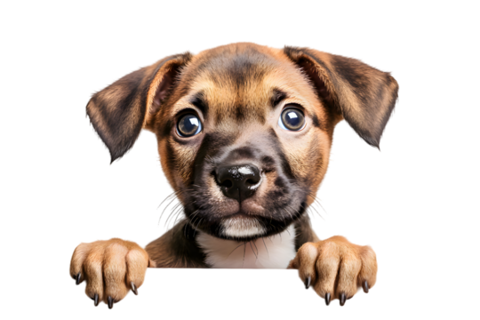 Puppy dog holding blank banner isolated on transparent background