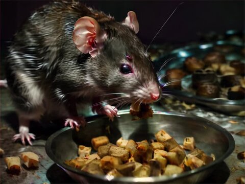 A rat nibbling on decayed food in a dark, abandoned kitchen