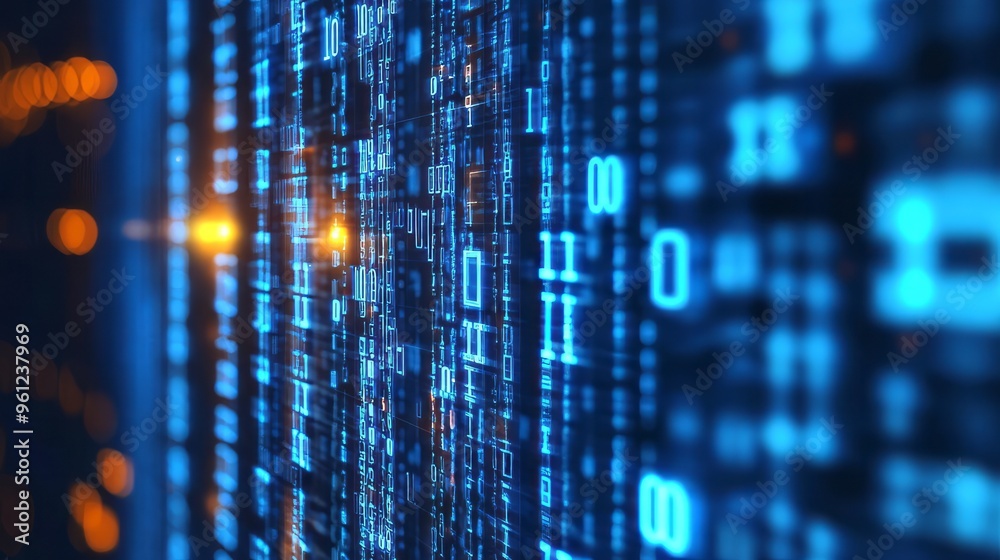 Poster Blue digital binary data on computer screen banner